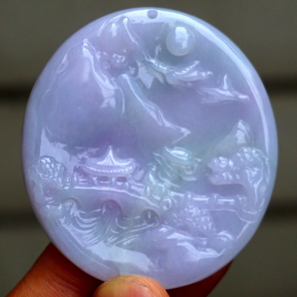 Certified Natural Grade A Light Lavender Icy Jadeite Jade Mountain风景 Pendant